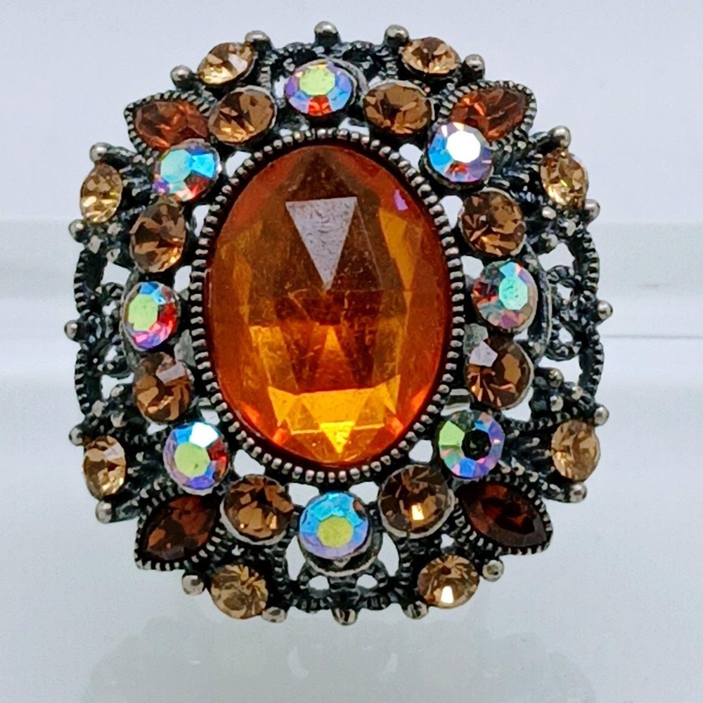 Vintage 1990s Amber Rhinestone Filigree Adjustable Statement Cocktail Ring